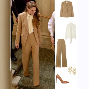 西服套装 高级定制凯特王妃同款 真丝衬衫 套裤 商务OL 卡其色羊毛西装