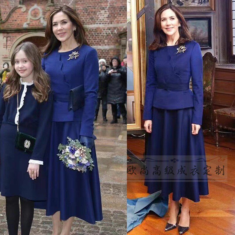 高级定制玛丽王妃同款蓝色羊毛不对称西装外套大摆半身裙时尚套装