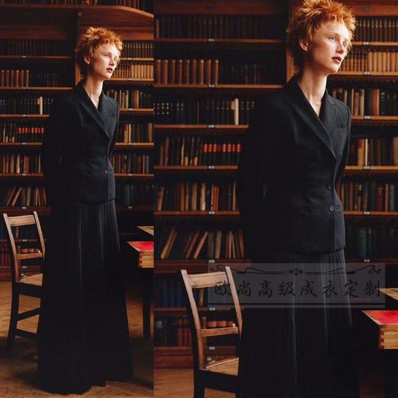 高级定制欧美复古黑色修身羊毛西装外套+长百褶半裙名媛套装裙春