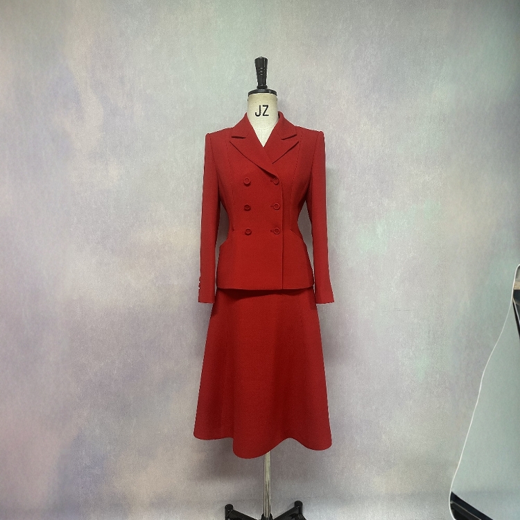 高级定制红色双排扣丝毛西装外套+A摆半裙修身优雅套装裙春秋西服
