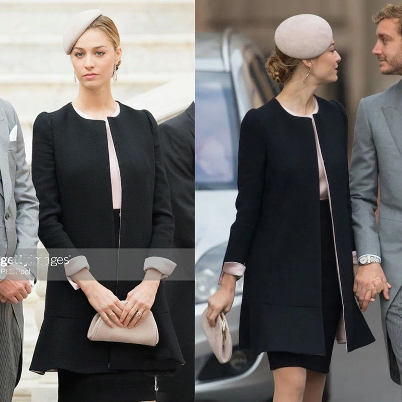 王妃同款黑色羊毛长外套半裙浅粉色真丝上衣三件套装裙女名媛优雅