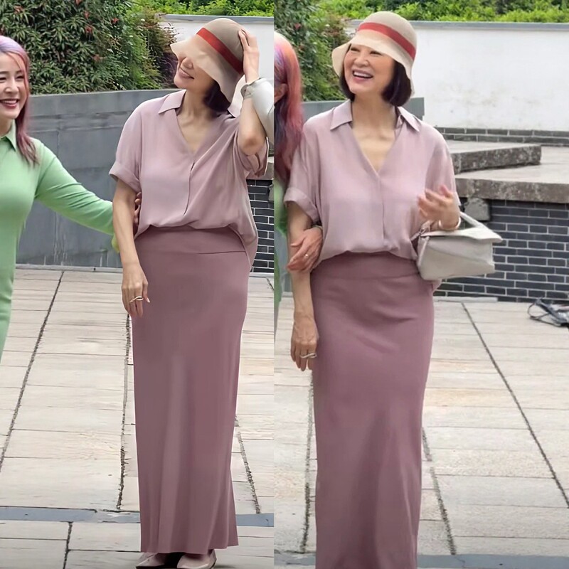 明星林青霞同款粉紫色真丝衬衫+鱼尾长半裙优雅套装裙夏气质高贵