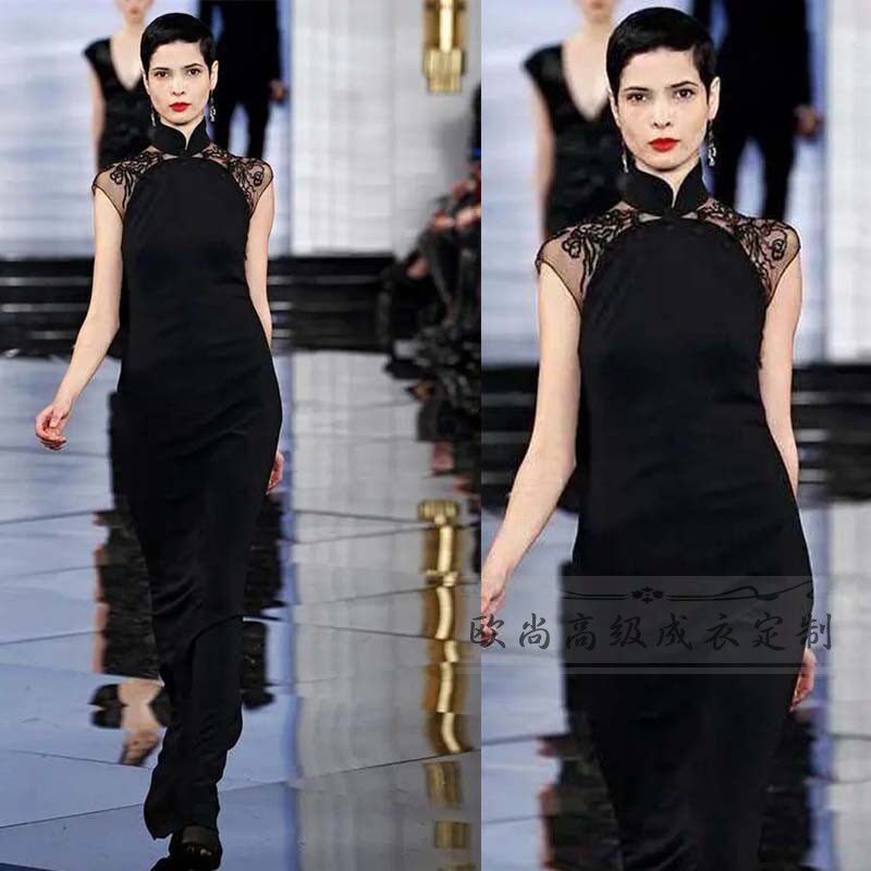 高级定制走秀大牌时尚拼接蕾丝黑色真丝旗袍连衣裙女修身长款复古