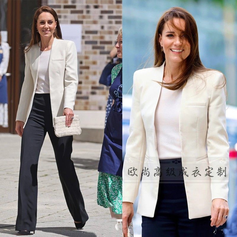 高端定制凯特王妃同款白色无领羊毛西装外套黑色裤子时尚职业套装