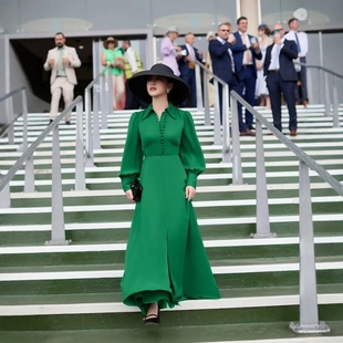 高贵桑蚕丝大摆裙夏季 修身 翠绿色真丝连衣裙长款 高级定制朱珠同款