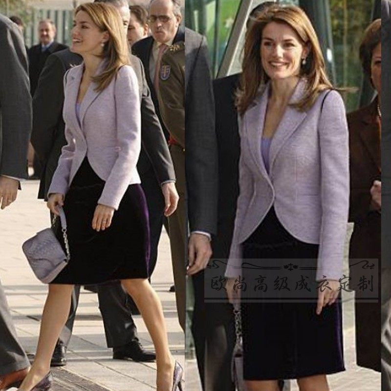 高端定制西班牙王后同款浅紫色羊毛西装外套丝绒半裙套装修身显瘦