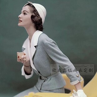 修身 裙长款 显瘦复古秋冬厚OL 套装 高级定制欧美大牌浅灰色羊毛西装