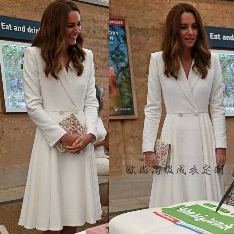 高级定制凯特王妃同款白色羊毛西装大衣连衣裙女收腰大摆英伦通勤
