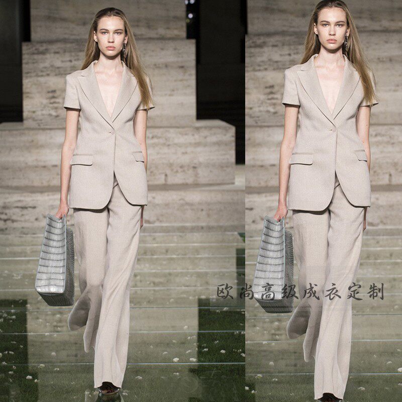 高级定制走秀时尚夏装西装短袖职业米色西服套装女阔腿裤长通勤OL