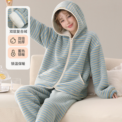 双层复合绒连帽甜美慵懒风可外穿法兰绒家居服小暖炉睡衣女秋冬天