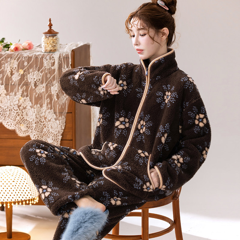 复古摩卡花序立领防风软糯毛绒睡衣女秋冬加厚法兰绒家居服套装