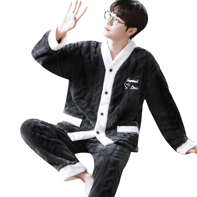 男士V领法兰绒家居服睡衣两件套