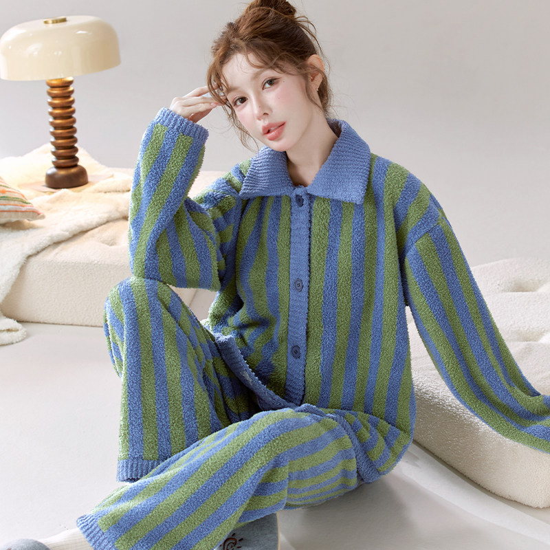 青空海盐蓝条纹秋冬天松弛感居家蓬松柔软法兰绒睡衣家居服套装女