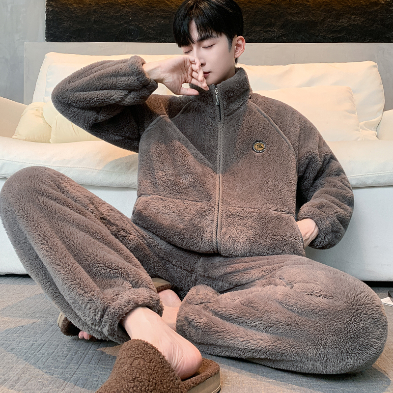 锁温保暖可外穿雪花绒家居服套装男士秋冬大码休闲宽松法兰绒睡衣