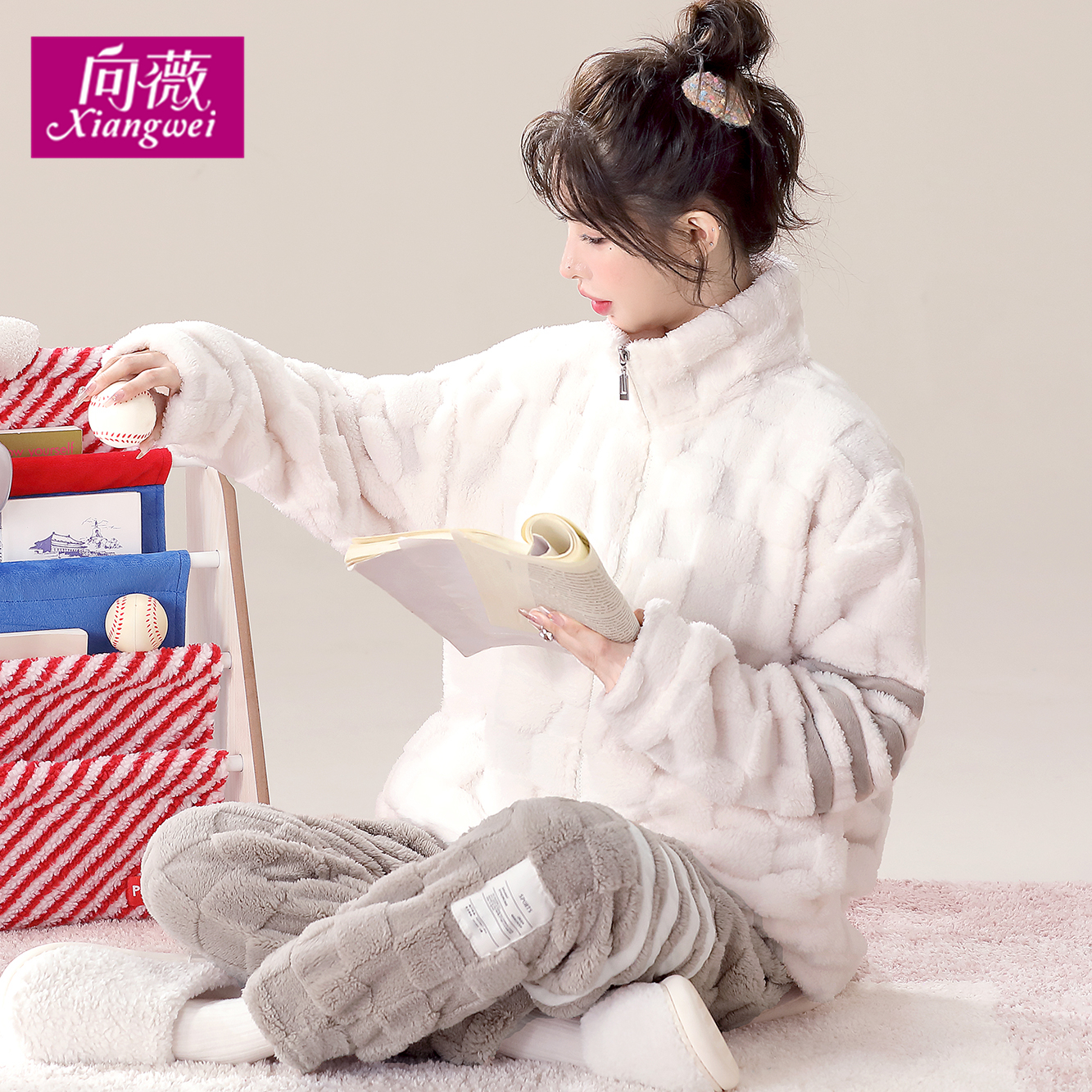 休闲珊瑚绒简约休闲两件套法兰绒女士家居服可外穿秋冬季保暖睡衣