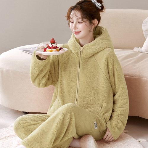 慵懒舒适毛绒连帽睡衣女秋冬天软糯居家法兰绒家居服睡衣两件套