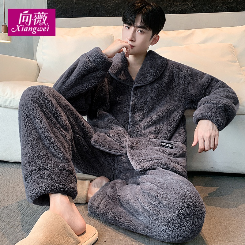 新款可外穿男士大码宽松休闲雪花绒睡衣秋冬保暖法兰绒家居服套装