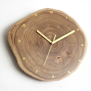 原木年轮挂钟圆形数字时钟简约木质装饰钟创意客厅卧室静音时钟
