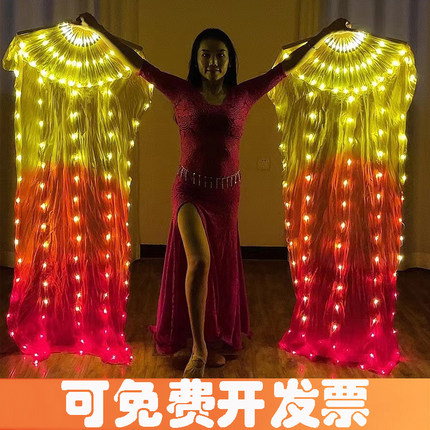 舞娘长绸渐变led发光扇子舞蹈扇肚皮舞道具酒吧表演多色真丝扇子