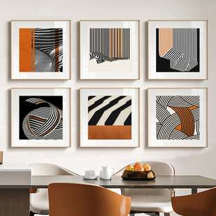 饰画 现代简约橙色抽象线条黑白艺术铝合金有框油画布装