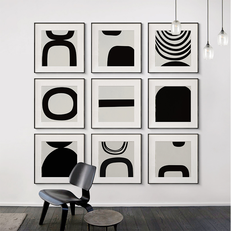 现代简约黑白抽象组合装饰画客厅沙发背景墙壁画样板房正方形挂画
