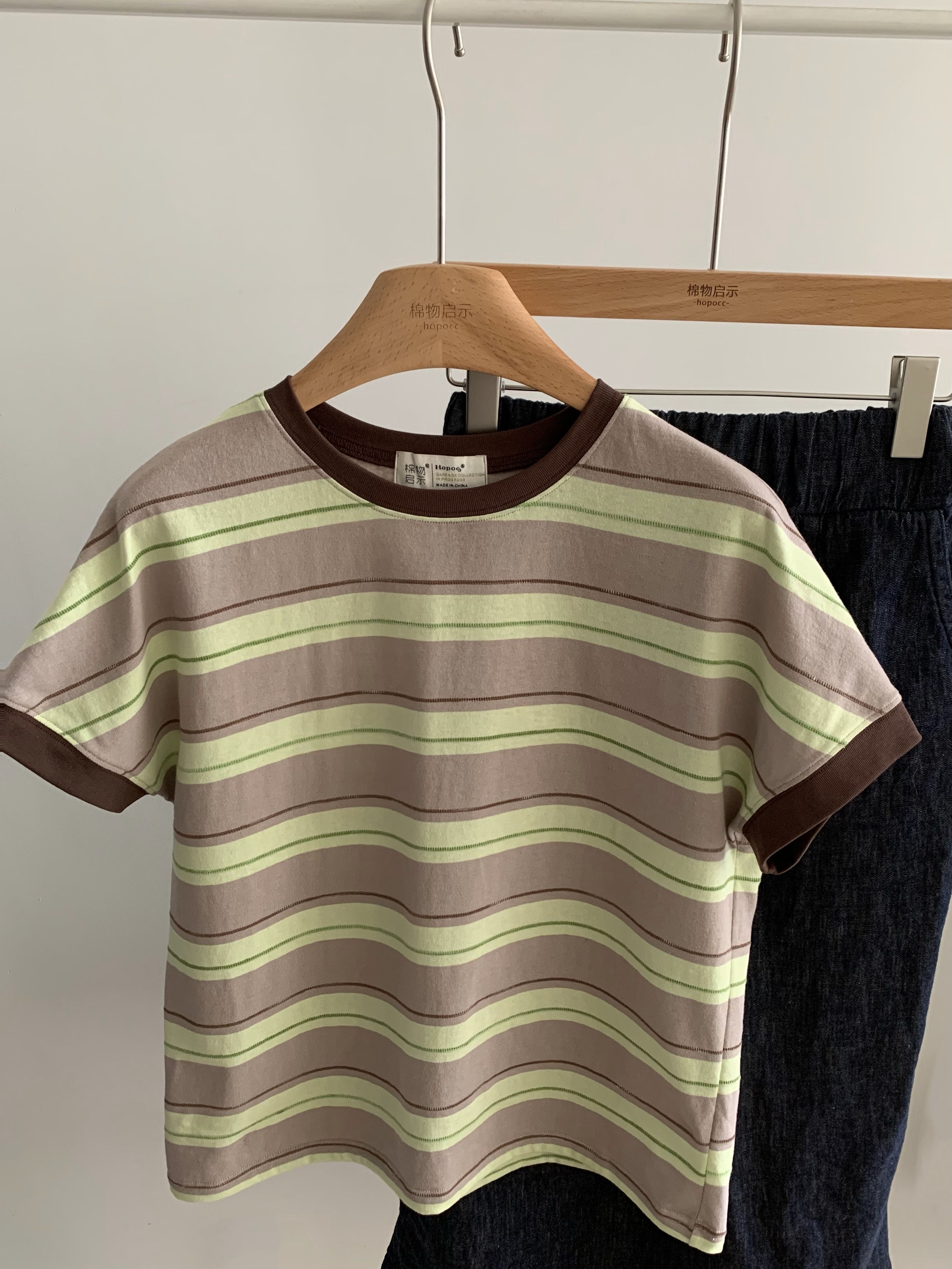 棉物启示新款日系小众复古圆领t恤纯棉条纹撞色设计师质感短袖女-封面