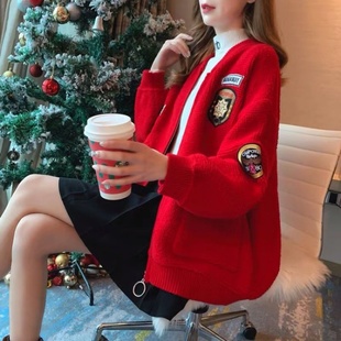 针织开衫 新年红色毛衣外套女宽松韩版 2020春装 新款 慵懒风厚