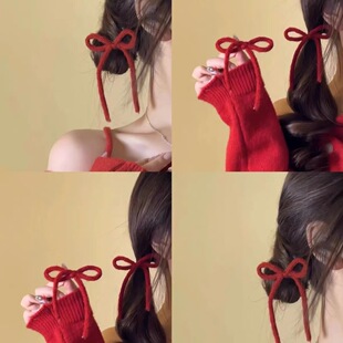 甜美少女新年红色毛线蝴蝶结发夹鸭嘴夹双马尾边发卡子发饰头饰