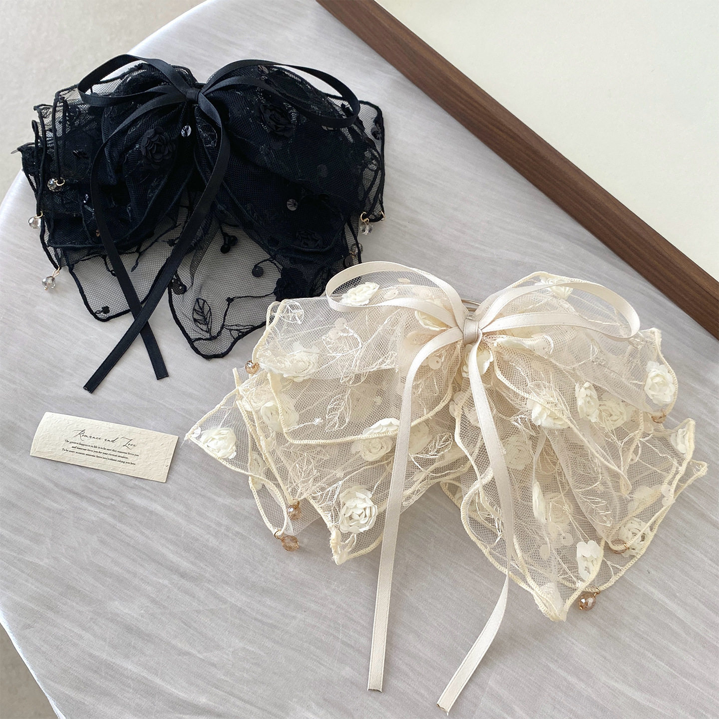 橙圭圭【玫瑰物语】马尾夹甜美蕾丝蝴蝶结飘带发夹半披发头花发饰图片