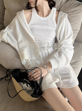 GRACETINAHOO春新法式华夫格极简大气慵懒背心开衫短裤套装TZB423