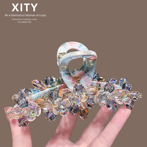 重工彩色水晶花大号抓夹精致后脑勺大容量盘发夹百搭鲨鱼夹新款女