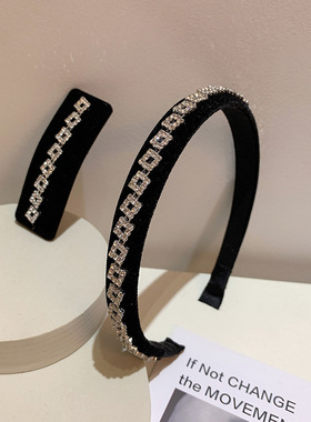 韩国发饰刘海夹复古黑色丝绒简约百搭几何方块链条水钻BB夹细发箍