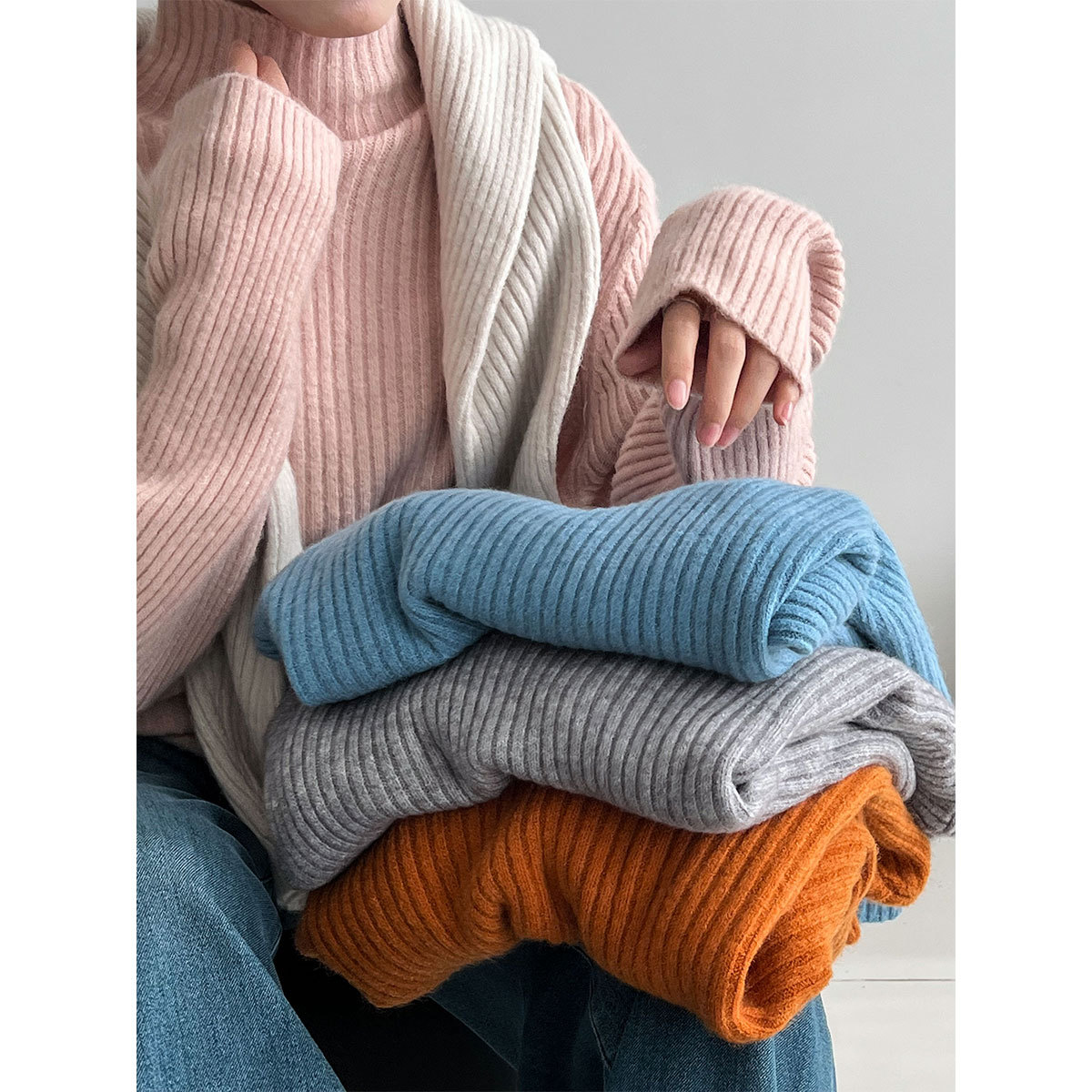 鹿西 简约韩系高领毛衣女秋冬新款粗针织竖条慵懒风百搭上衣ss935