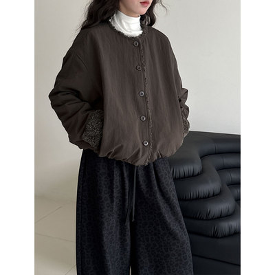 鹿西 韩系复古简约羊羔毛圆领保暖小个子夹棉外套女冬季新款89006