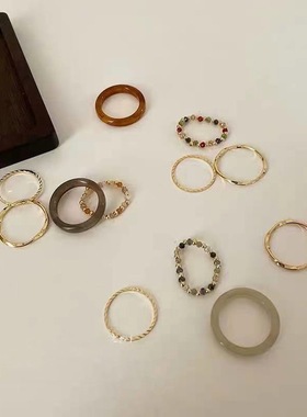 设计感日韩系串珠琥珀树脂戒指套装女时尚个性小众设计食指戒指