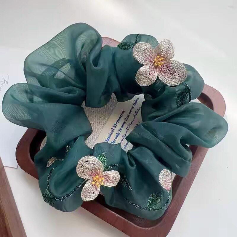 花桥饰品刺绣立体蔷薇花大肠发圈欧根纱布艺头绳气质新款皮筋发绳