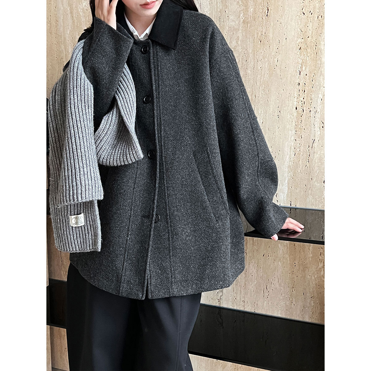 鹿西 高级质感羊毛复古气质撞色外套女冬季新款简约毛呢大衣7127