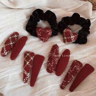 新年红色格纹布艺发夹侧边高级感碎发刘海夹一字头发夹子头饰发饰
