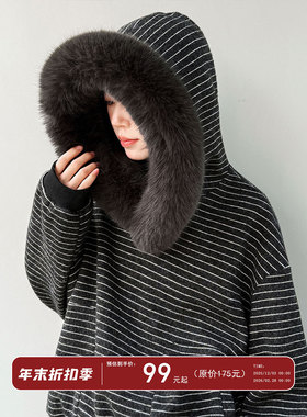 鹿西 美式条纹毛领连帽卫衣女冬季2025新款加绒保暖绒衫上衣89015