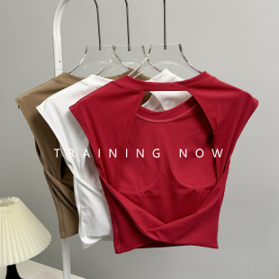 性感露背固定杯瑜伽背心外穿春夏短款 显瘦健身衣 跑步运动t恤无袖