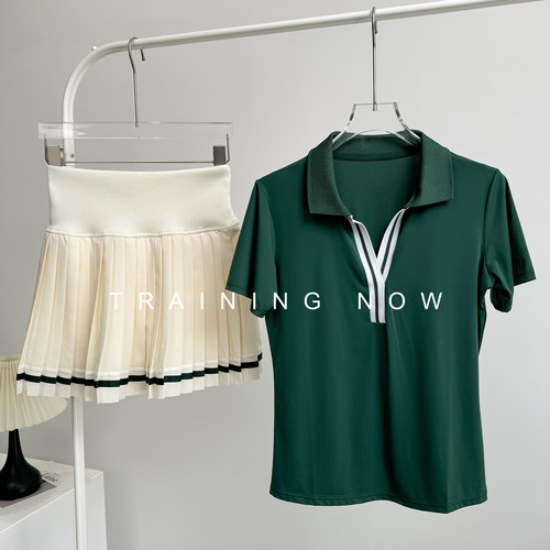 运动上衣短袖女夏季速干polo网球服套装跑步健身T恤羽毛球瑜伽服