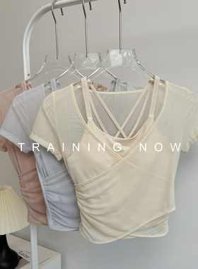 瑜伽服短袖女夏季紧身显瘦跑步训练速干上衣带胸垫网纱健身运动服