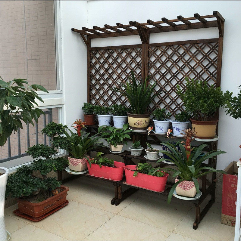 碳化防腐木户外阳台花架 实木网格台阶花架 围栏屏风隔断台阶吊篮
