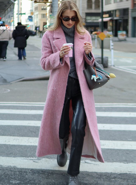 粉色羊毛大衣女2025新款春秋高级减龄百搭简约气质中长款毛呢外套