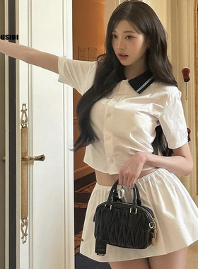 白色短袖衬衫学院风Polo上衣张元英甜美蓬蓬裙套装制服短裙两件套