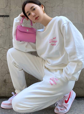 卫衣女白色春春季长袖圆领全棉印花潮流宽松百搭运动服套装潮牌