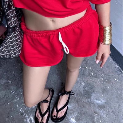 美式低腰纯色抽绳松紧腰运动短裤