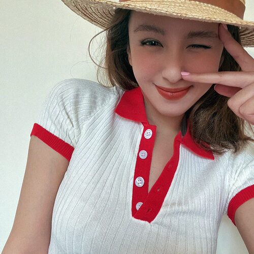 博主美式复古街头撞色领短袖t恤