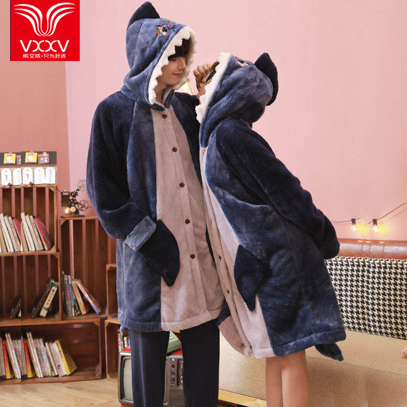 加厚珊瑚法兰绒情侣睡衣秋冬季可爱卡通动物鲨鱼套装睡裙女睡袍男