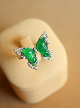 天然翡翠戒指 蝴蝶翡翠戒指 s925银镶嵌 圈口可调节